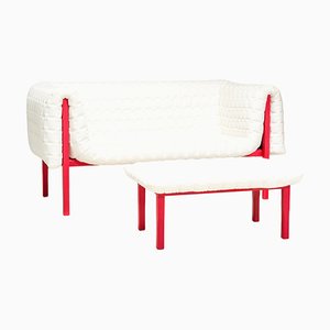 White Velvet and Red Sofa & Footstool attributed to Inga Sempé Ruché for Ligne Roset, Set of 2