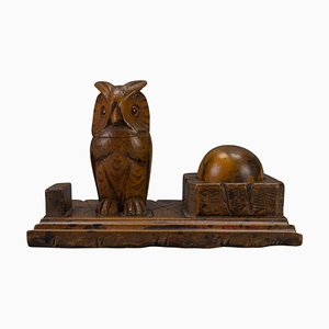 Encrier ou Porte-Stylo en Bois Sculpté à la Main avec Chouette, 1920s