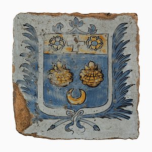 17th Century Glazed Floor Tile with the Coat of Arms of the Montesquieu Family, Nevers, 1650s