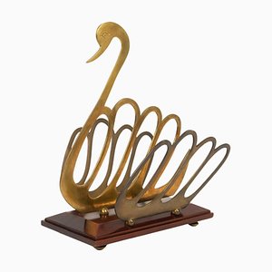 Swan Shaped Magazine Rack in Wood and Brass in the style of Maison Jansen, Italy, 1970s
