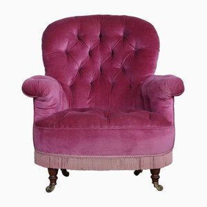 Deep Buttoned Armchair in Pink Velvet, 19th Century