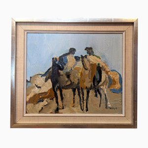 Horse Riders, 1950s, Linen & Silver, Framed