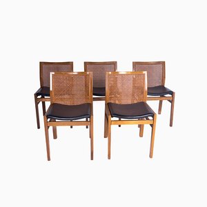 Chaises en Noyer, Cuir et Paille de Molteni, Set de 5