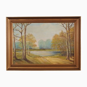 Birch by the Pond, 1970s, Wood, Framed