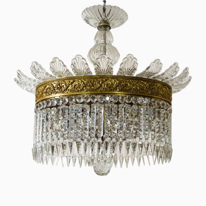 Crystal and Chiseled Bronze Oval Ceiling Light, 1930s