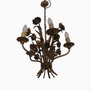 Mid-Century Patinated Gilt Tole Roses Chandelier by Hans Kögl, 1960s