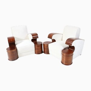 French Art Deco Walnut and Bouclé Club Chairs in the style of Jean Royère, 1930s, Set of 2