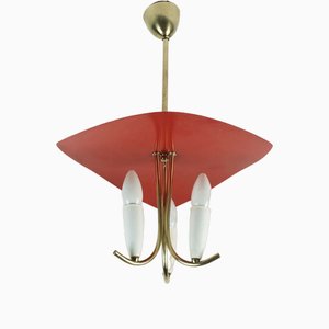 Lampada da soffitto Mid-Century a tre luci in ottone e plastica nello stile di Stilnovo, anni '50