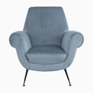 Butaca Mid-Century de tapicería de terciopelo azul, años 50