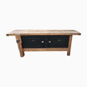Oak Workbench with Wooden Doors and Metal Drawers