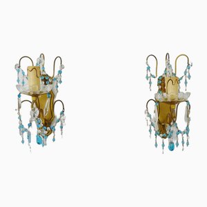 Appliques Murales Vintage en Bronze avec Suspensions Bleues et Transparentes, Set de 2