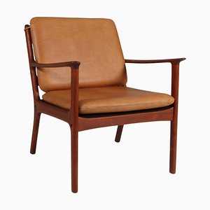 Ole Wanscher Lounge Chairs Model Pj112 in Cognac Aniline Leather & Stained Beech attributed to Ole Wanscher