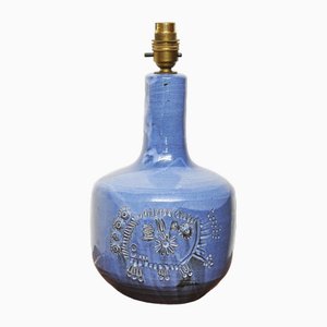 Blaue geschnitzte Vintage Lampe aus glasierter Keramik, 1970er