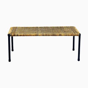 Mid-Century Austrian Black Steel and Wicker Side Table attributed to Carl Auböck, 1950s