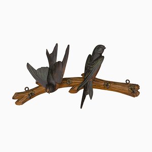 Antique German Black Forest Swallows Key Holder in Carved Wood, Early 20th Century