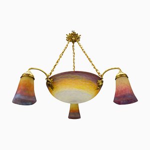 Art Nouveau Bronze and Polychrome Glass Chandelier from Muller Frères Lunéville, 1920s