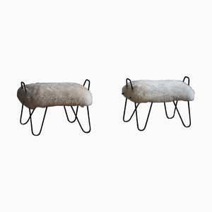 Tabourets Mid-Century Modernes en Acier et Laine d'Agneau d'Islande, 1960s, Set de 2