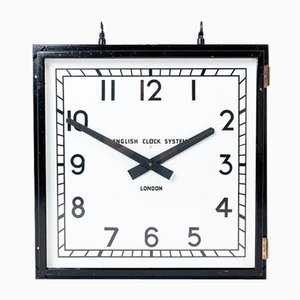 Reloj de fábrica cuadrado grande de doble cara de English Clock Systems Ltd, años 50