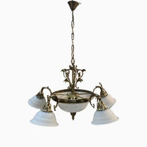 Lampadario a cinque braccia in stile Art Déco in bronzo e cristallo, anni '80