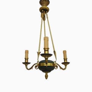 Empire Style Suspension Chandelier in Gilded Bronze and Green Sheet Metal, 1920s