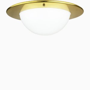 Lampade da incasso in ottone con paralumi in vetro opalino bianco, anni '70, set di 2