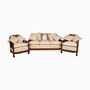 Victorian Sofa and Amchairs in Bergere and Dappled Walnut, 1890s, Set of 3