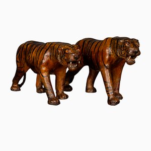 Tigres en Cuir Peint, Asie, 20ème Siècle, Set de 2