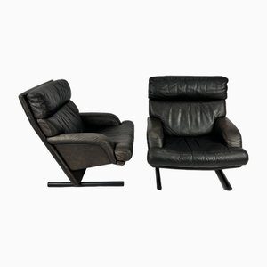 Postmodern Black Leather Lounge Chairs, 1980s, Set of 2