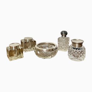 Accessori antichi in vetro e argento, metà XIX secolo, set di 5