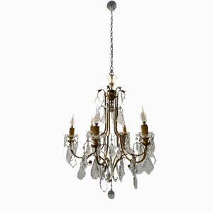 Large Brass and Crystal Chandelier, 1950s