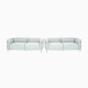 Set of LC3 Sofas in Grey Leather and Chrome by Le Corbusier, Pierre Jeanneret and Charlotte Perriand for Cassina, 1990s