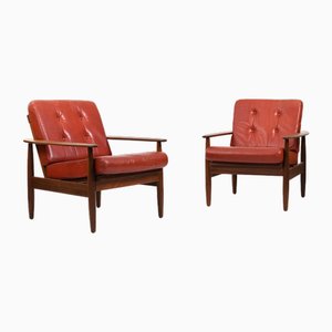 Danish Teak Easy Chairs with Leather Seats, 1960s, Set of 2