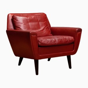 Red Leather Lounge Chair, Denmark, 1960s