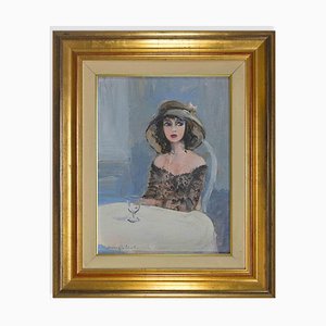 Edmondo Maneglia, Woman with Hat, Oil Painting, 1950, Framed