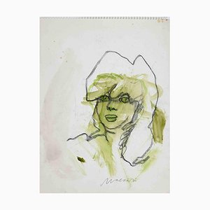 Mino Maccari, Portrait, Aquarelle et Fusain, Milieu du 20e Siècle