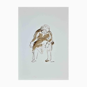 Roberto Cuccaro, Old Woman Falling Asleep, Ink Drawing, 2000s