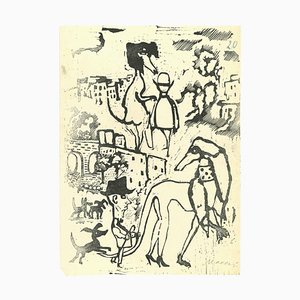 Mino Maccari, Men and Dogs, Woodcut, Mid 20th Century