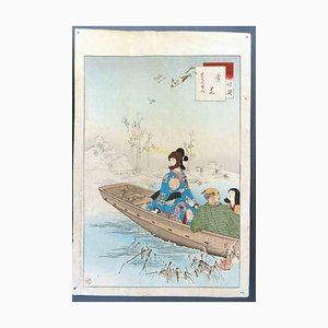 Mizuno Toshikata, Familienbootsfahrt auf dem Sumpf, Holzschnitt, 1890er