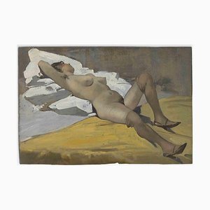 Inconnu, Femme Allongée sur un Tissu Blanc, Peinture à l'Huile, Milieu du 20e siècle