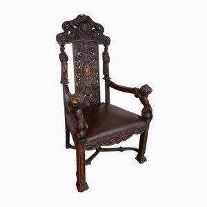 Renaissance Style Lion Carved Throne Armchair, 1880s