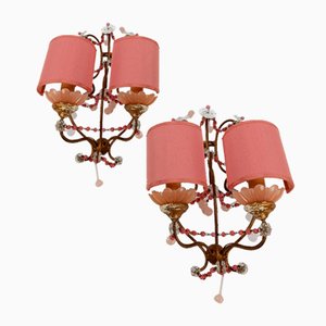 Gilded Sconces with Peachy Pink Opaline Cups, 1950s, Set of 2