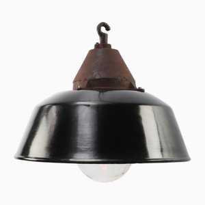 Vintage Industrial Black Enamel and Rust Cast Iron Hanging Light