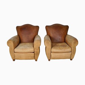 Set of French Cognac Moustache Back Leather Club Chairs, 1940s