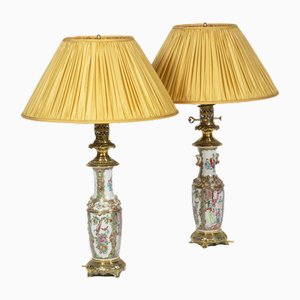 Lámparas de mesa de porcelana Cantón y bronce, década de 1880. Juego de 2