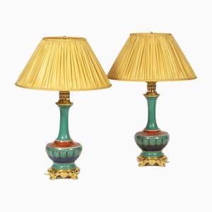 Lámparas de mesa de porcelana y bronce dorado, década de 1850. Juego de 2