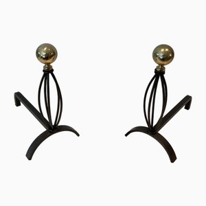 Wrought Iron & Brass Chenets, 1970s, Set of 2