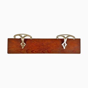 Italian Wall-Mounted Coat Rack in Wood with Two Metal Hooks, 1930s