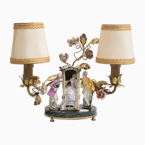 Lampe Abat-jour Napoléon III Début 20ème Siècle en Porcelaine Polychrome et Bronze Doré