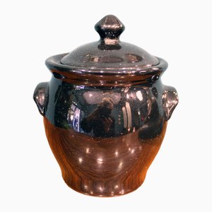 Vase Récipient avec Décoration Dorée Laquée Noire, France, 1970s