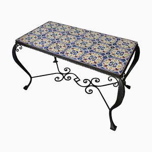 Wrought Iron & Blue Ceramic Tile Coffee Table, 1960s